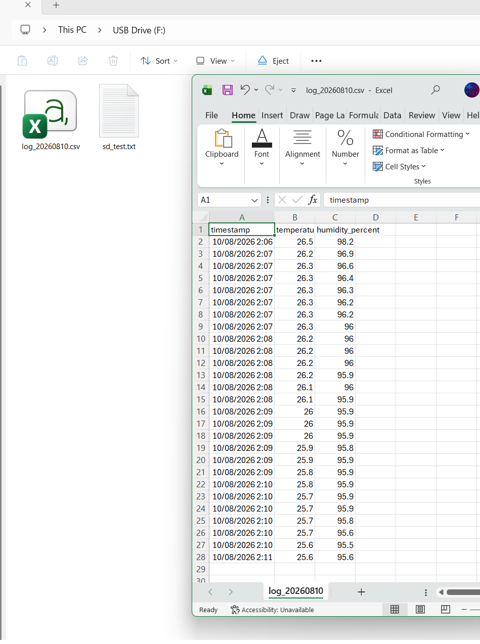 ESP32 temperature and humidity CSV data opened in a spreadsheet