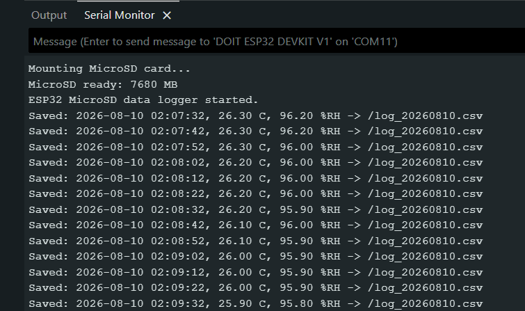 ESP32 saving timestamped DHT22 readings to a MicroSD card