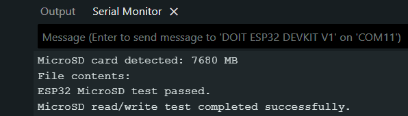 Successful ESP32 MicroSD read and write test in Serial Monitor